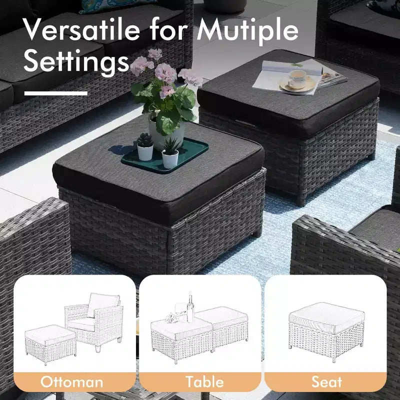 HOMLUX Salon de jardin 7 pièces avec table brasero, canapé, fauteuils pivotants et repose-pieds