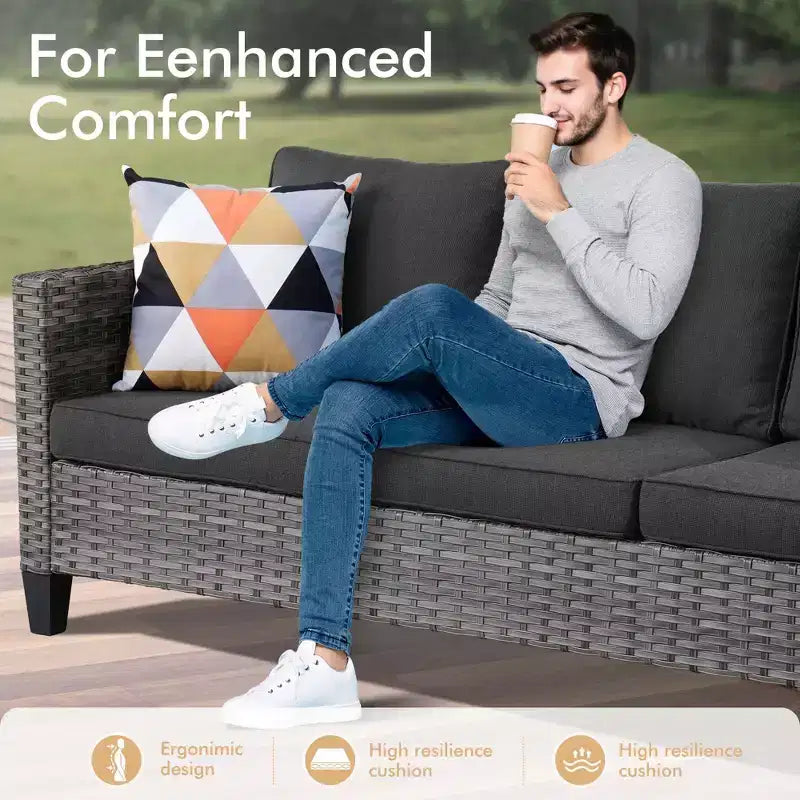HOMLUX Salon de jardin 7 pièces avec table brasero, canapé, fauteuils pivotants et repose-pieds