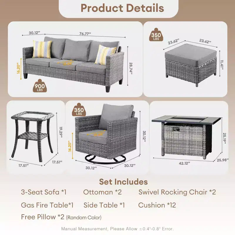 HOMLUX Salon de jardin 7 pièces avec table brasero, canapé, fauteuils pivotants et repose-pieds