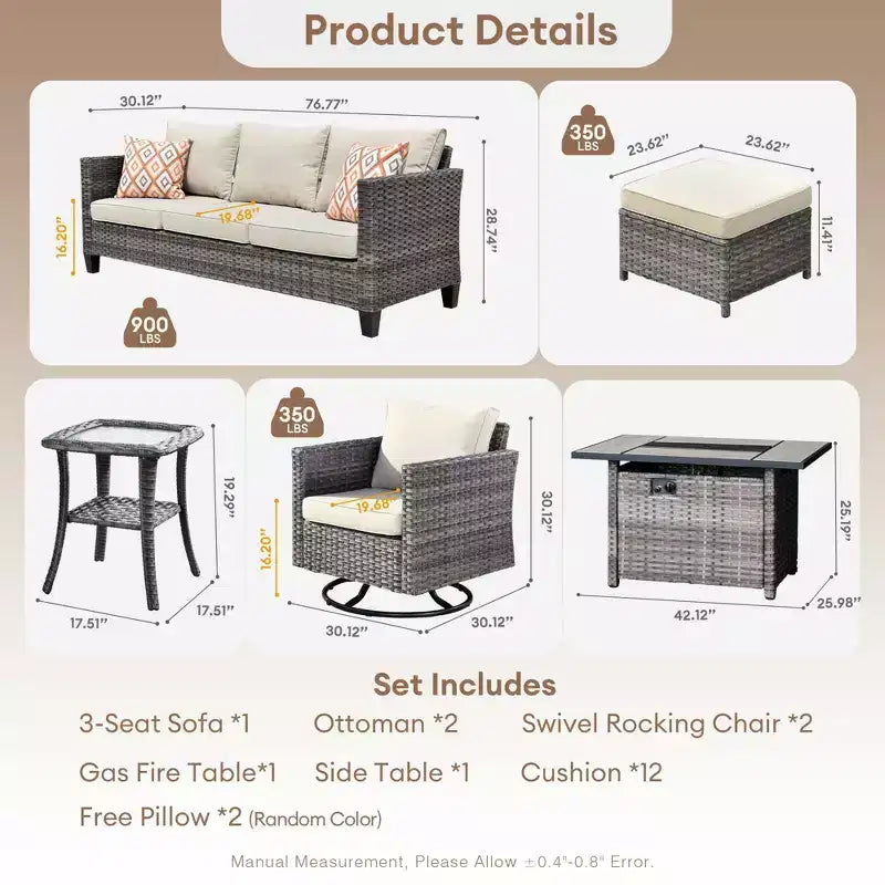 HOMLUX Salon de jardin 7 pièces avec table brasero, canapé, fauteuils pivotants et repose-pieds