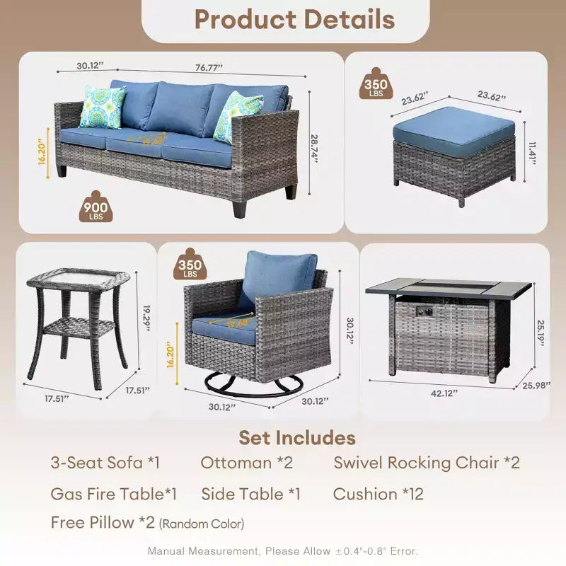 HOMLUX Salon de jardin 7 pièces avec table brasero, canapé, fauteuils pivotants et repose-pieds