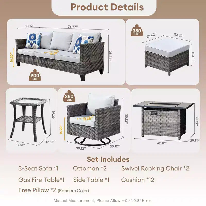 HOMLUX Salon de jardin 7 pièces avec table brasero, canapé, fauteuils pivotants et repose-pieds