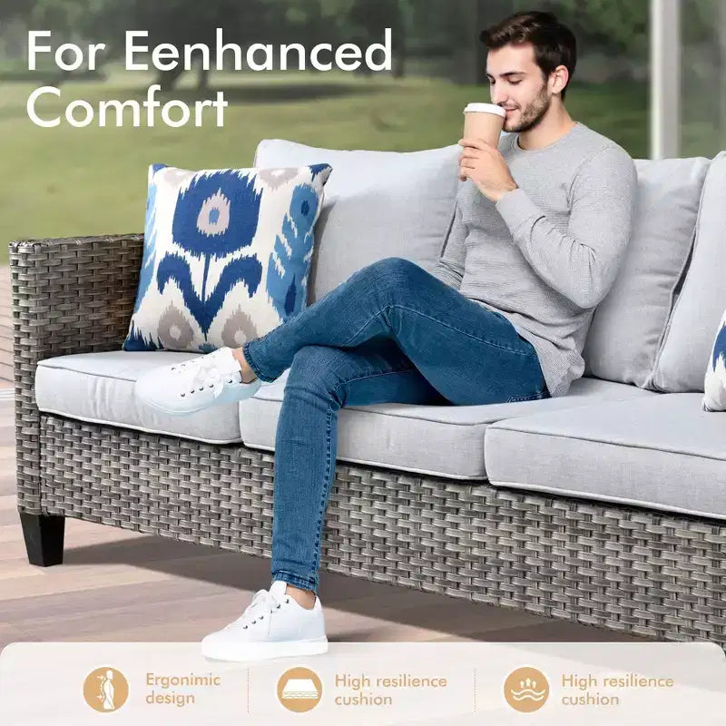HOMLUX Salon de jardin 7 pièces avec table brasero, canapé, fauteuils pivotants et repose-pieds