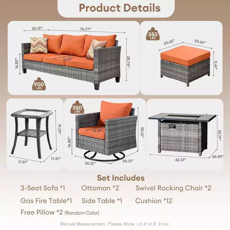 HOMLUX Salon de jardin 7 pièces avec table brasero, canapé, fauteuils pivotants et repose-pieds