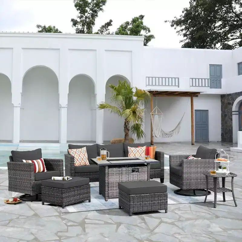 HOMLUX Salon de jardin 7 pièces avec table brasero, canapé, fauteuils pivotants et repose-pieds