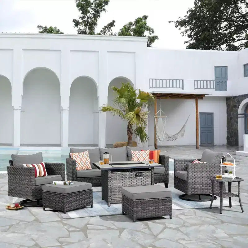 HOMLUX Salon de jardin 7 pièces avec table brasero, canapé, fauteuils pivotants et repose-pieds