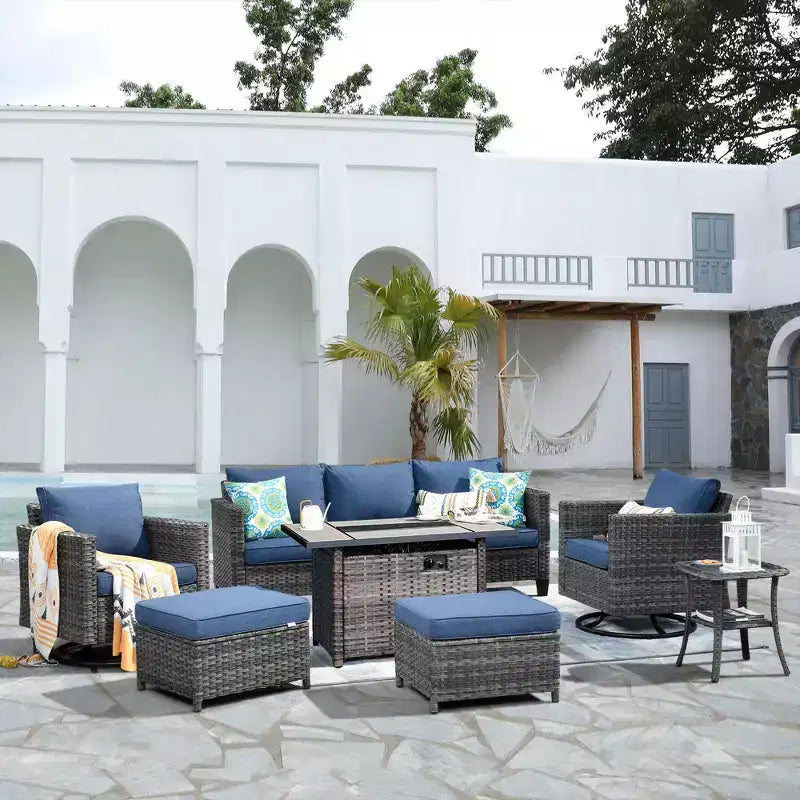 HOMLUX Salon de jardin 7 pièces avec table brasero, canapé, fauteuils pivotants et repose-pieds
