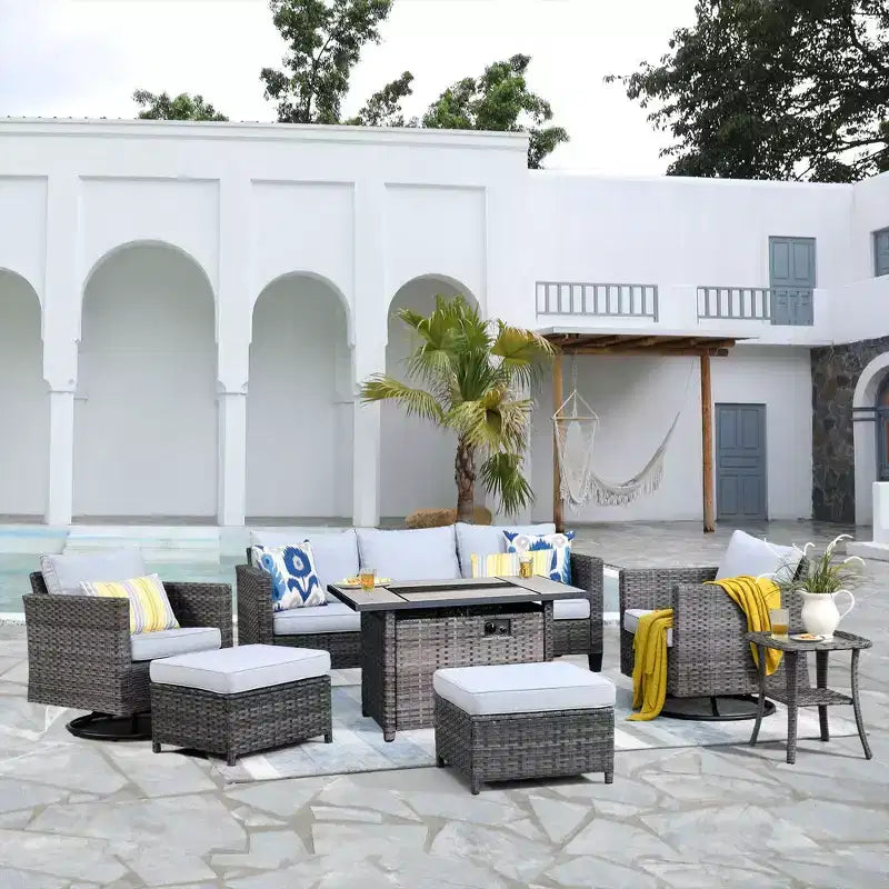 HOMLUX Salon de jardin 7 pièces avec table brasero, canapé, fauteuils pivotants et repose-pieds