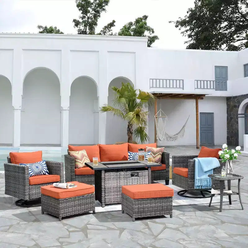 HOMLUX Salon de jardin 7 pièces avec table brasero, canapé, fauteuils pivotants et repose-pieds