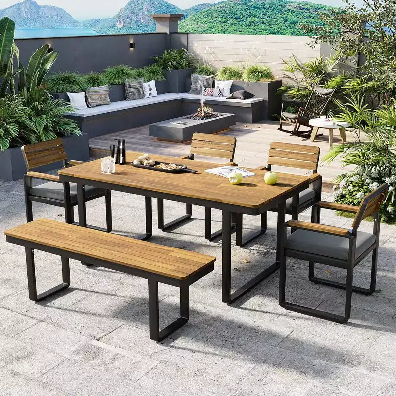 ModernLuxe Ensemble repas d'extérieur 6 pièces pour 6-7 personnes, Ensemble mobilier de jardin Table et chaises de salle à manger avec coussins et cadre résistant aux intempéries