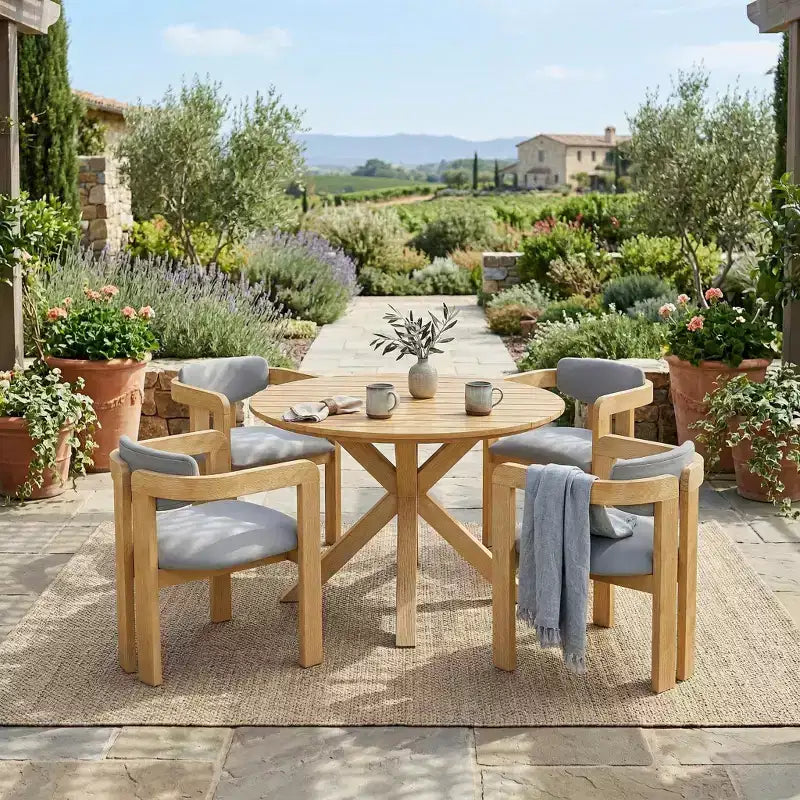 ModernLuxe Ensemble de 5 pièces de salle à manger d'extérieur en bois d'acacia avec table ronde de 47 pouces et 4 chaises baquets rembourrées pour jardin/terrasse/arrière-cour