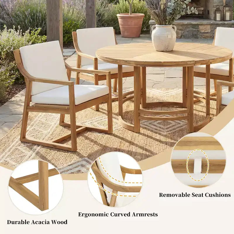 GDFStudio Rhodes Ensemble de salle à manger d'extérieur 5 pièces en bois d'acacia avec trou pour parasol