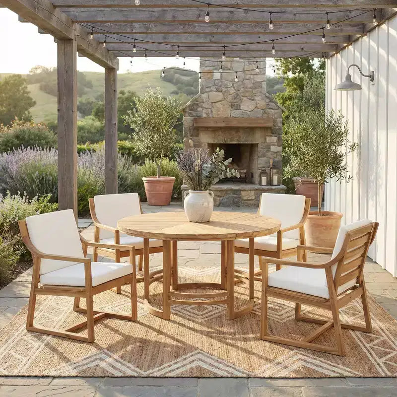GDFStudio Rhodes Ensemble de salle à manger d'extérieur 5 pièces en bois d'acacia avec trou pour parasol