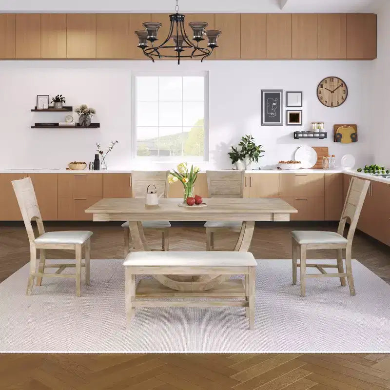 Ensemble de salle à manger 6 pièces pour 6 personnes, ensemble de table de cuisine familiale avec chaises de salle à manger et banc rembourrés ergonomiques - ModernLuxe