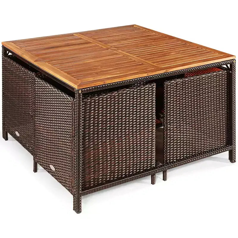 Costway Ensemble de salle à manger 9 pièces en rotin de patio avec bois d'acacia Chaises coussinées et ottoman