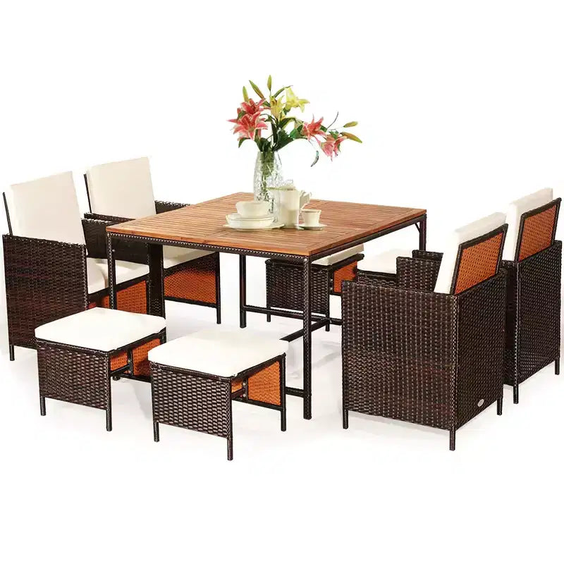 Costway Ensemble de salle à manger 9 pièces en rotin de patio avec bois d'acacia Chaises coussinées et ottoman
