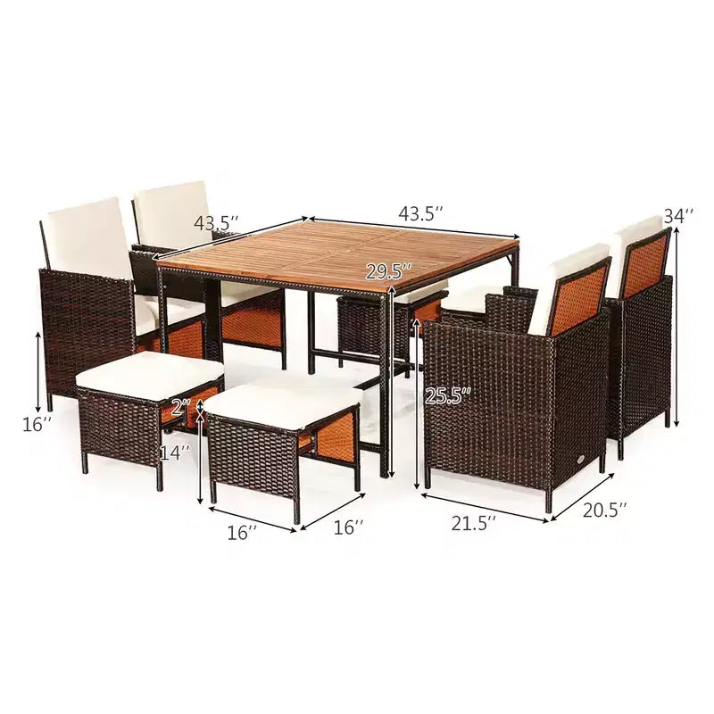Costway Ensemble de salle à manger 9 pièces en rotin de patio avec bois d'acacia Chaises coussinées et ottoman