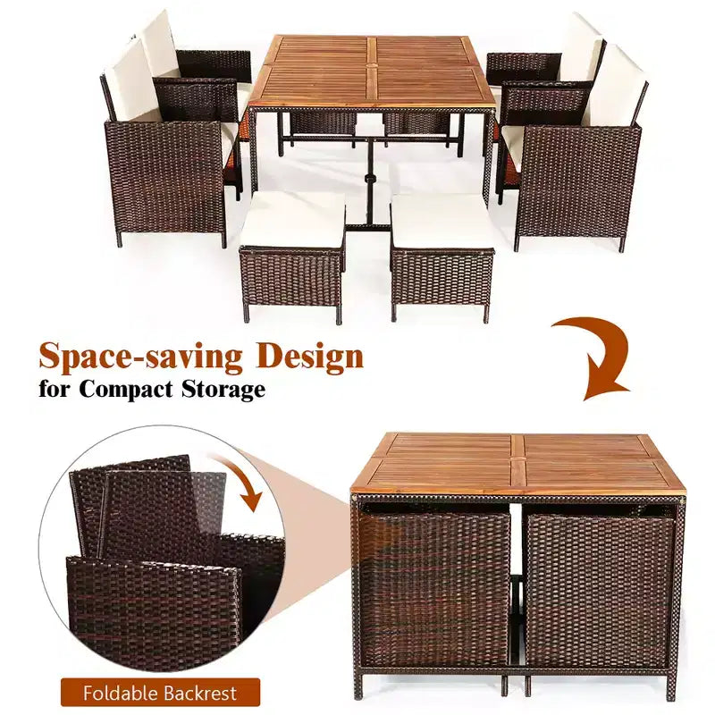 Costway Ensemble de salle à manger 9 pièces en rotin de patio avec bois d'acacia Chaises coussinées et ottoman