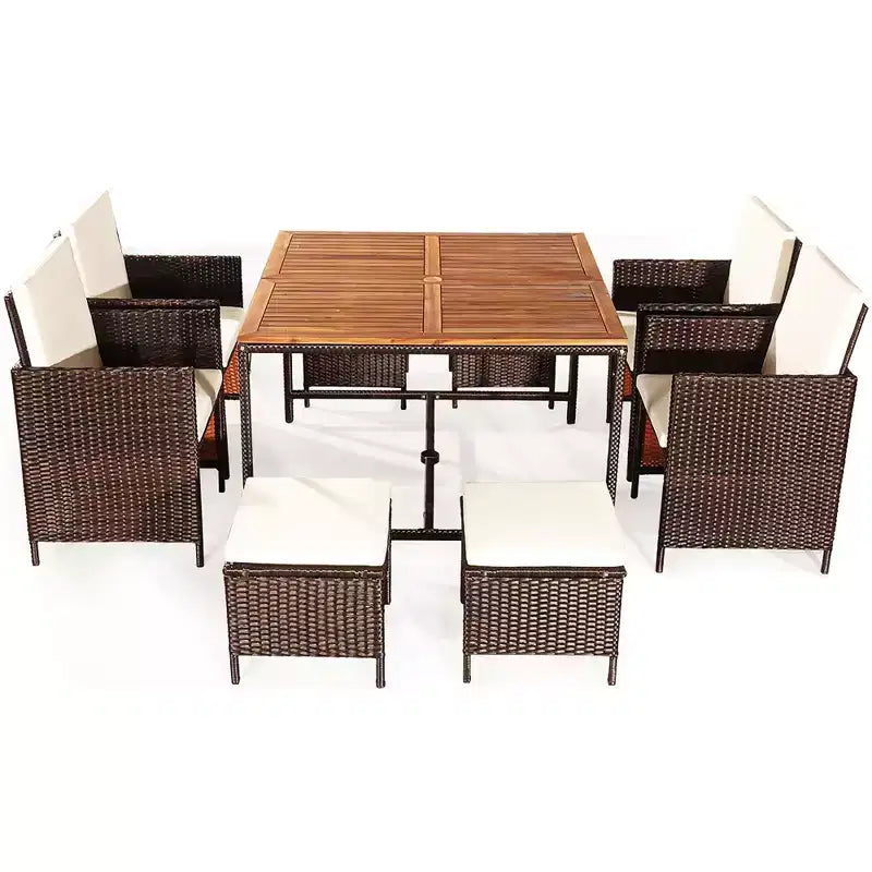 Costway Ensemble de salle à manger 9 pièces en rotin de patio avec bois d'acacia Chaises coussinées et ottoman