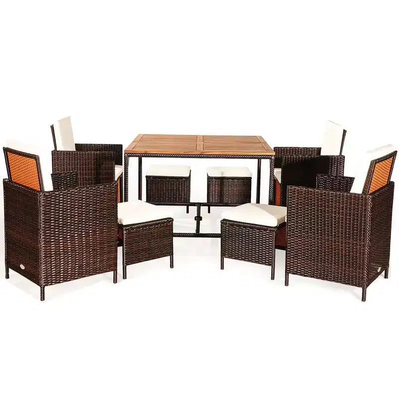 Costway Ensemble de salle à manger 9 pièces en rotin de patio avec bois d'acacia Chaises coussinées et ottoman