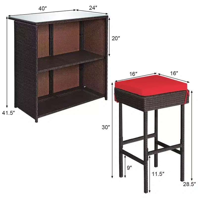 Costway Ensemble de 3 Meubles de Bar et Chaises de Jardin en Rotin et Osier pour Terrasse avec Coussins Rouges