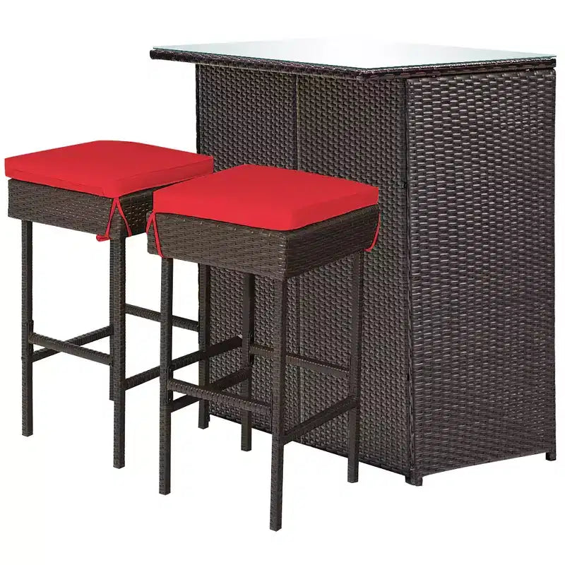 Costway Ensemble de 3 Meubles de Bar et Chaises de Jardin en Rotin et Osier pour Terrasse avec Coussins Rouges