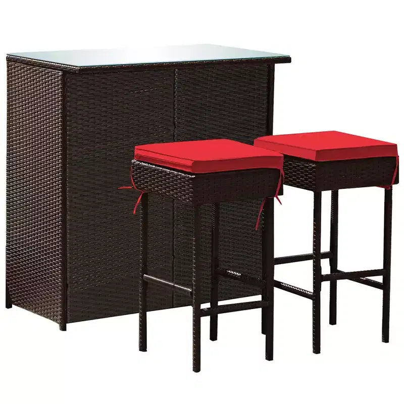Costway Ensemble de 3 Meubles de Bar et Chaises de Jardin en Rotin et Osier pour Terrasse avec Coussins Rouges