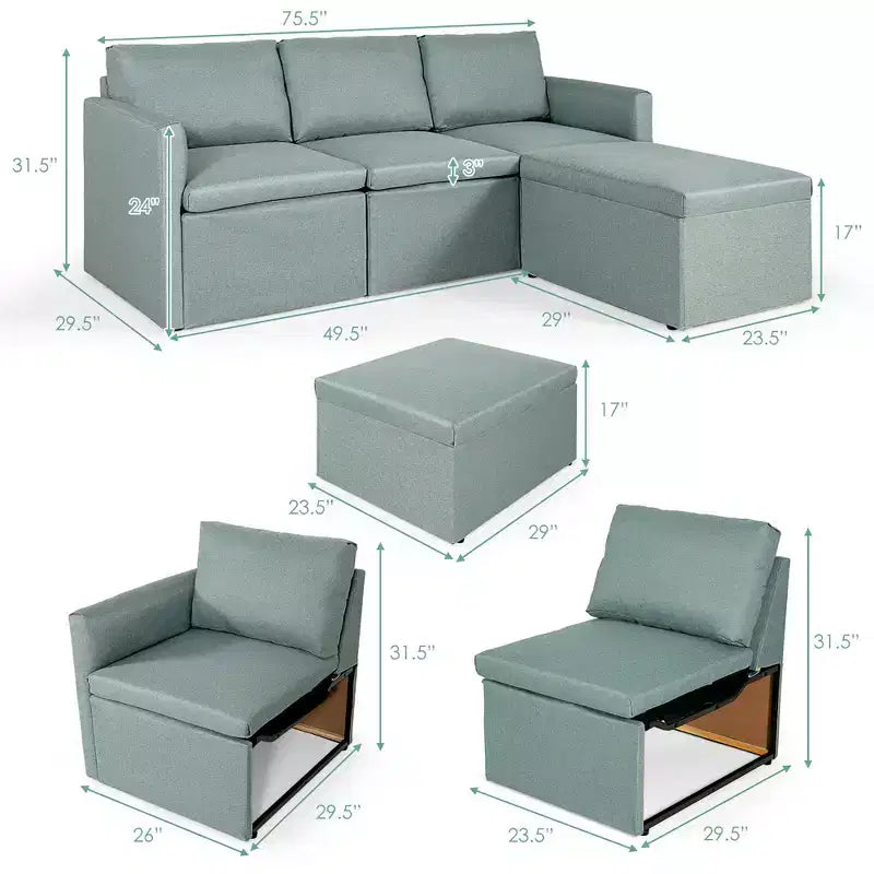 Canapé sectionnel convertible Costway en forme de L avec méridienne réversible Gris foncé\Vert\Gris clair