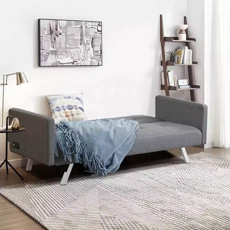Costway Canapé-Lit Futon Convertible Pliant Inclinable avec Ports USB et Multiprise Gris/Bleu