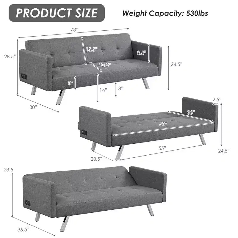 Costway Canapé-Lit Futon Convertible Pliant Inclinable avec Ports USB et Multiprise Gris/Bleu