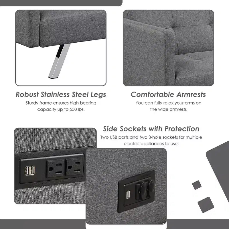 Costway Canapé-Lit Futon Convertible Pliant Inclinable avec Ports USB et Multiprise Gris/Bleu