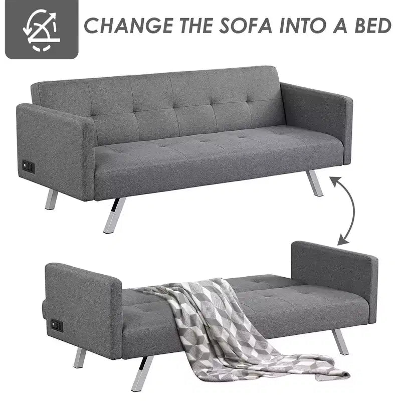 Costway Canapé-Lit Futon Convertible Pliant Inclinable avec Ports USB et Multiprise Gris/Bleu