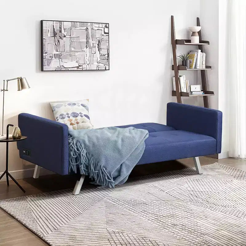 Costway Canapé-Lit Futon Convertible Pliant Inclinable avec Ports USB et Multiprise Gris/Bleu
