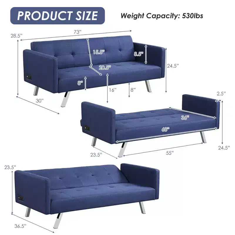 Costway Canapé-Lit Futon Convertible Pliant Inclinable avec Ports USB et Multiprise Gris/Bleu