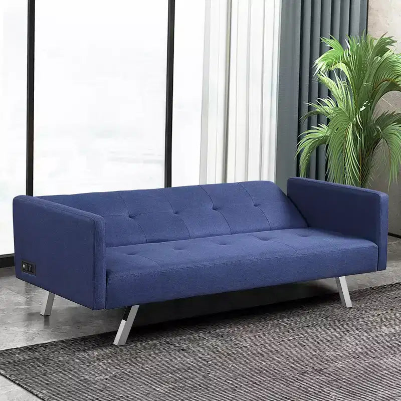 Costway Canapé-Lit Futon Convertible Pliant Inclinable avec Ports USB et Multiprise Gris/Bleu