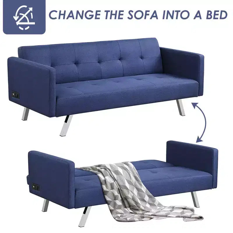 Costway Canapé-Lit Futon Convertible Pliant Inclinable avec Ports USB et Multiprise Gris/Bleu