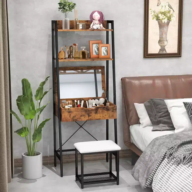 Costway Vanity Table Set Flip Top Mirror Ladder Storage Shelf Cushioned Stool Rustic