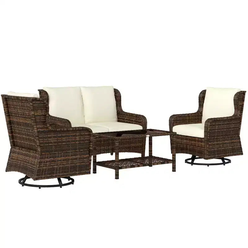 Ensemble de mobilier de patio Outsunny, mobilier d'extérieur 4 pièces en rotin PE avec 2 fauteuils pivotants, table en verre à 2 niveaux et canapé deux places