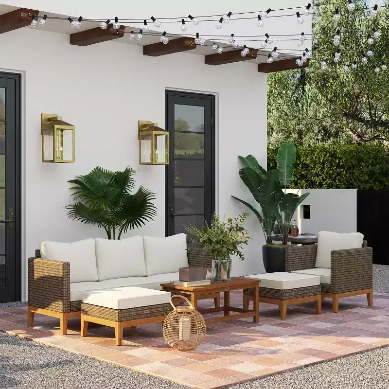 Ensemble de mobilier de jardin rembourré Outsunny, 5 pièces, cadre en bois, en rotin PE, ensemble de conversation, blanc crème