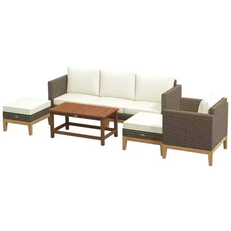 Ensemble de mobilier de jardin rembourré Outsunny, 5 pièces, cadre en bois, en rotin PE, ensemble de conversation, blanc crème