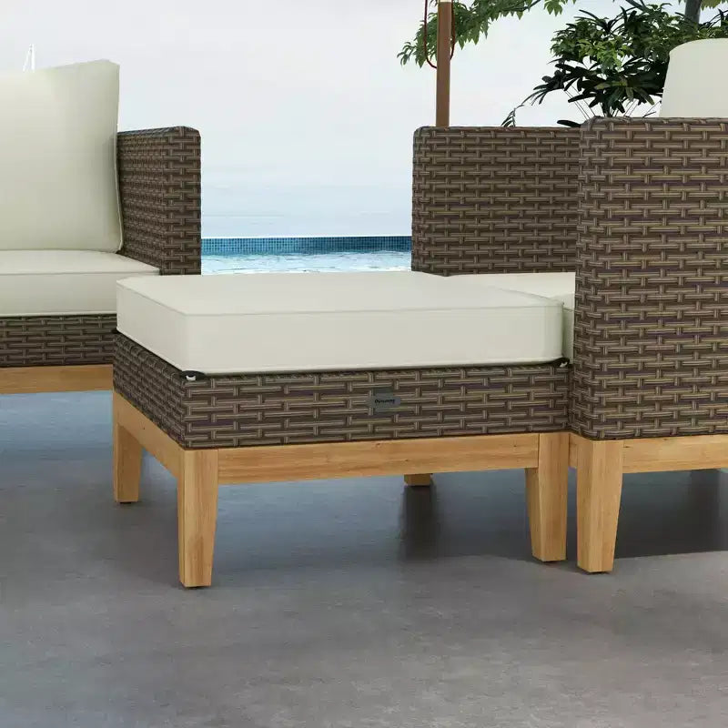 Ensemble de mobilier de jardin rembourré Outsunny, 5 pièces, cadre en bois, en rotin PE, ensemble de conversation, blanc crème