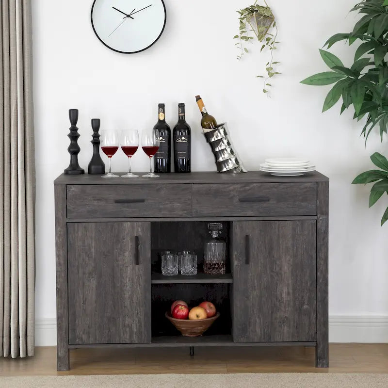 47W Sideboard Storage Cabinet, Dining Server Cupboard Buffet Table with Two Cabinets, Two Drawers, Two Open Shelves