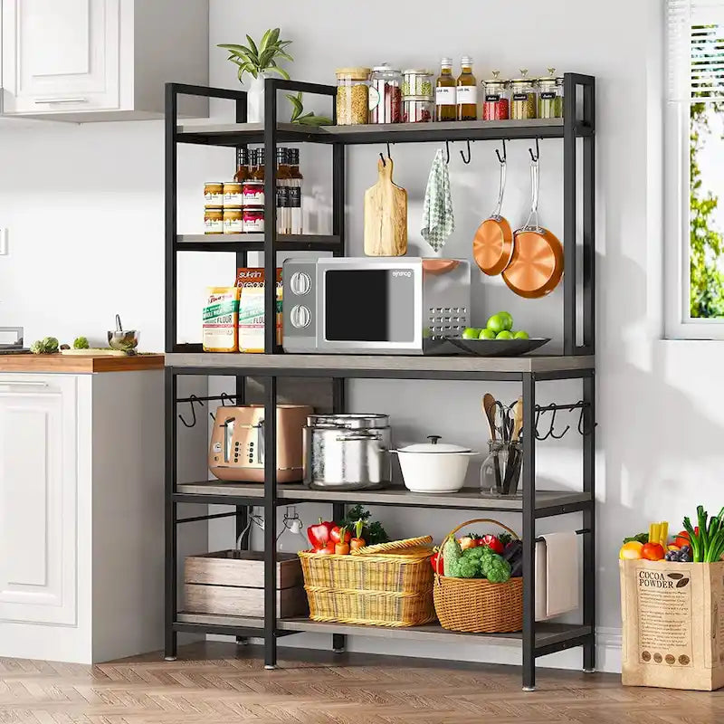 43 inch Kitchen Bakers Rack with Microwave Stand 5-Tier Kitchen Utility Storage Shelf Rack and10 Hooks for Kitchen Living Room