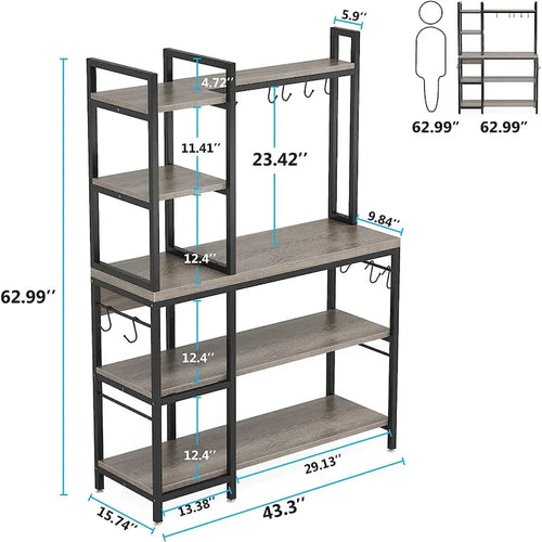 Étagère de cuisine 43 pouces avec support micro-ondes, étagère de rangement utilitaire de cuisine 5 niveaux et 10 crochets pour cuisine et salon