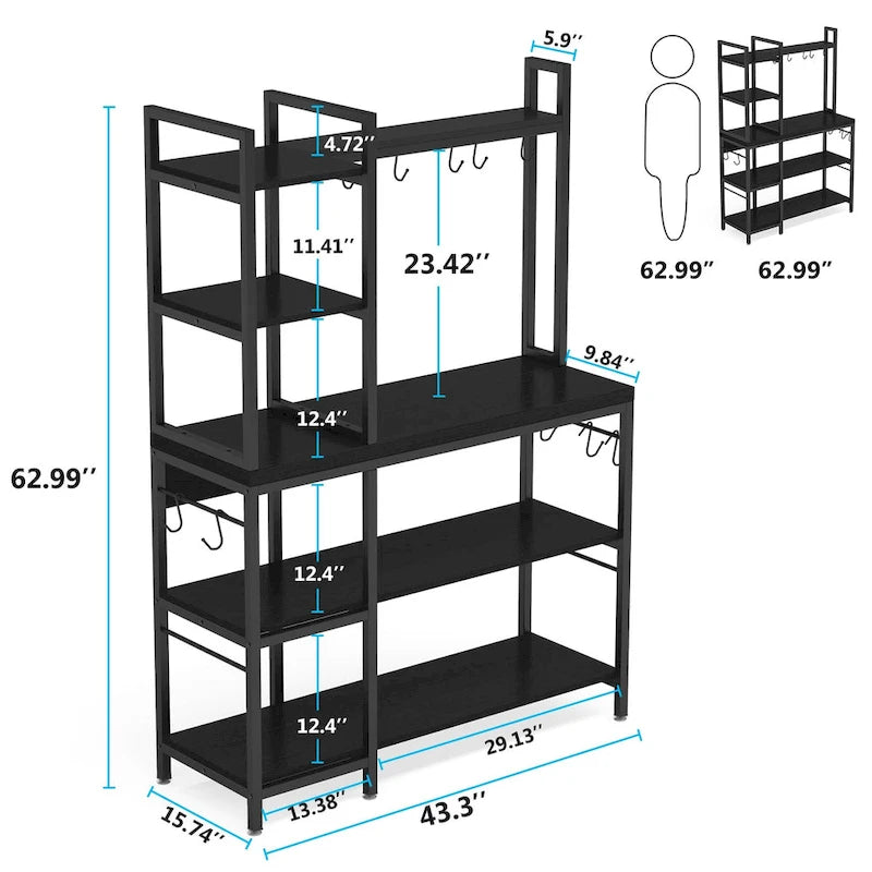 43 inch Kitchen Bakers Rack with Microwave Stand 5-Tier Kitchen Utility Storage Shelf Rack and10 Hooks for Kitchen Living Room