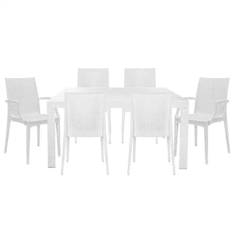 Ensemble de salle à manger d'extérieur rectangulaire 7 pièces LeisureMod Mace Mid-Century avec 4 chaises d'appoint et 2 fauteuils