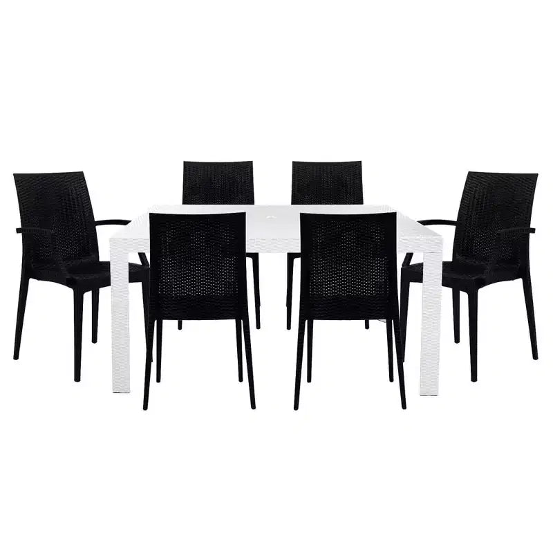 Ensemble de salle à manger d'extérieur rectangulaire 7 pièces LeisureMod Mace Mid-Century avec 4 chaises d'appoint et 2 fauteuils