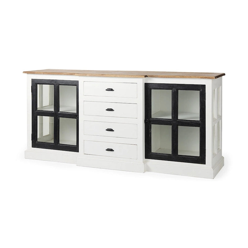 White w/Black Trim & Medium Brown Top Solid Wood Sideboard - 75.0L x 20.8W x 34.3H
