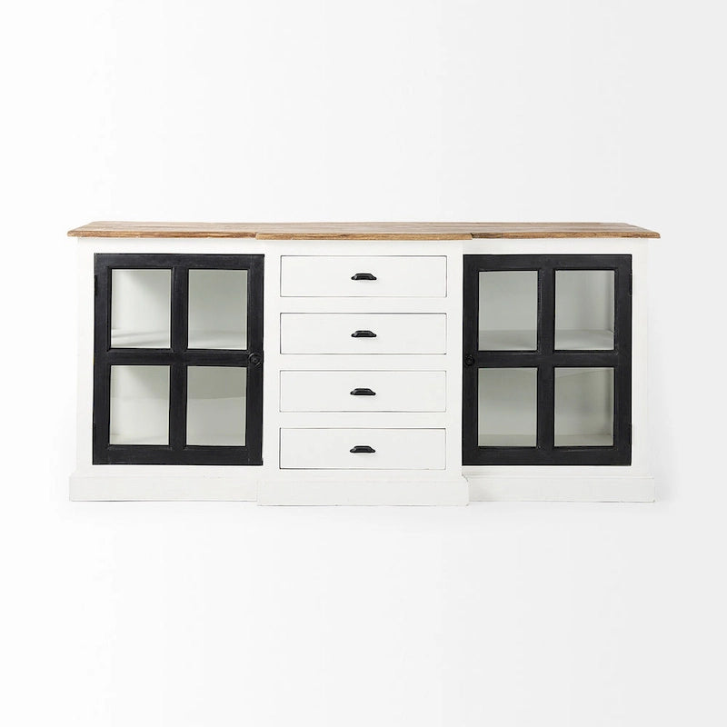 White w/Black Trim & Medium Brown Top Solid Wood Sideboard - 75.0L x 20.8W x 34.3H
