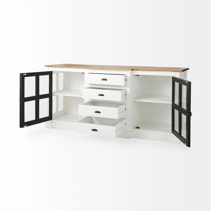 White w/Black Trim & Medium Brown Top Solid Wood Sideboard - 75.0L x 20.8W x 34.3H